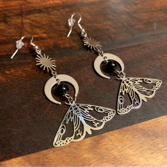 The Sun and The Moon Moth Boho Dangler Earrings - Picture 3 of 7